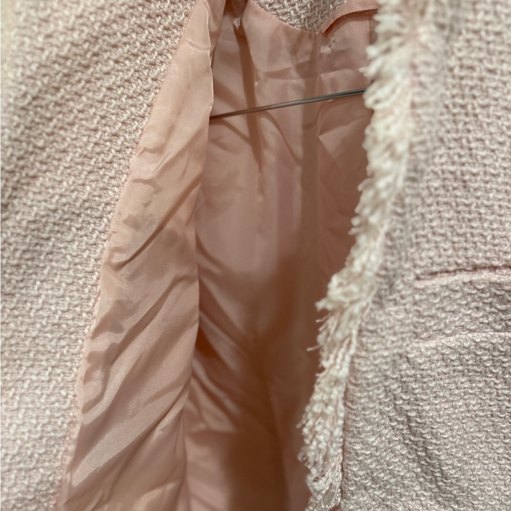 Pink Frayed Edge Fringe Women's Tweed Long Boucle Blazer barbie - Picture 8 of 11